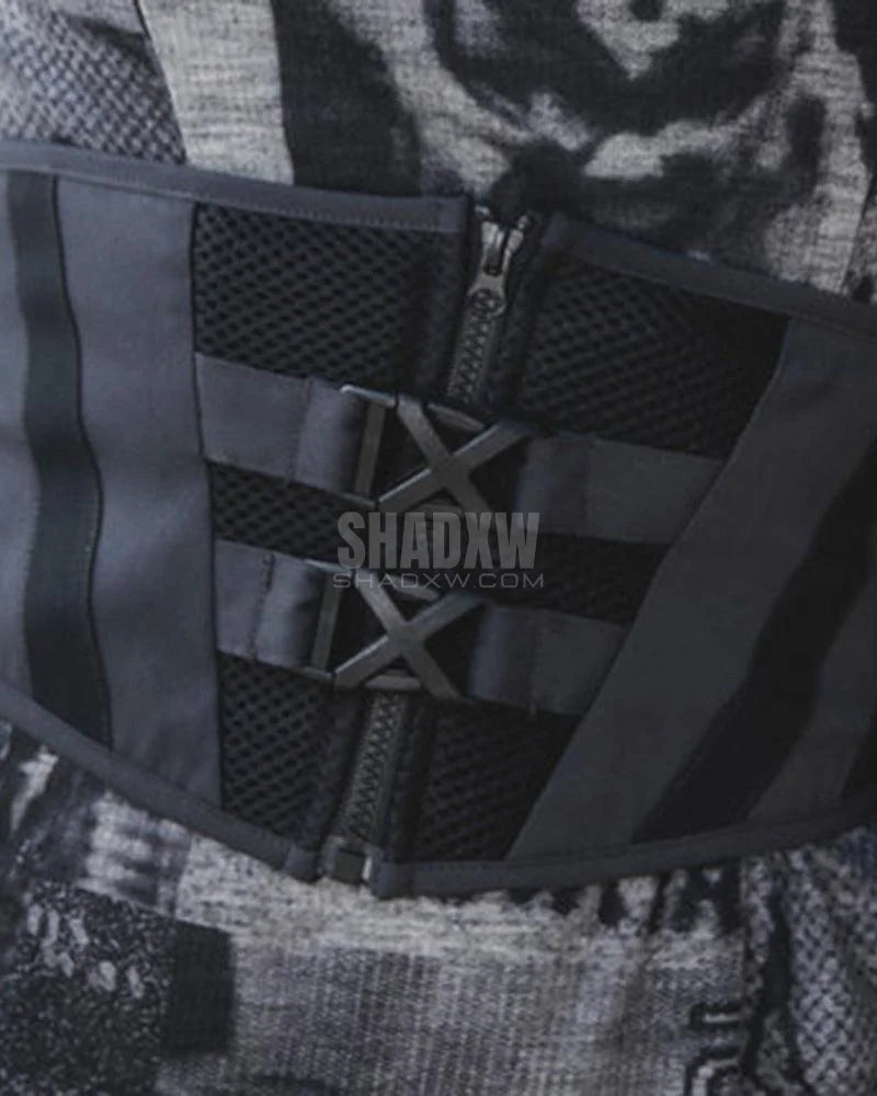 Dark graphic techwear t-shirt with an abstract futuristic print and relaxed urban streetwear silhouette, Clotechnow series 100 — view 6