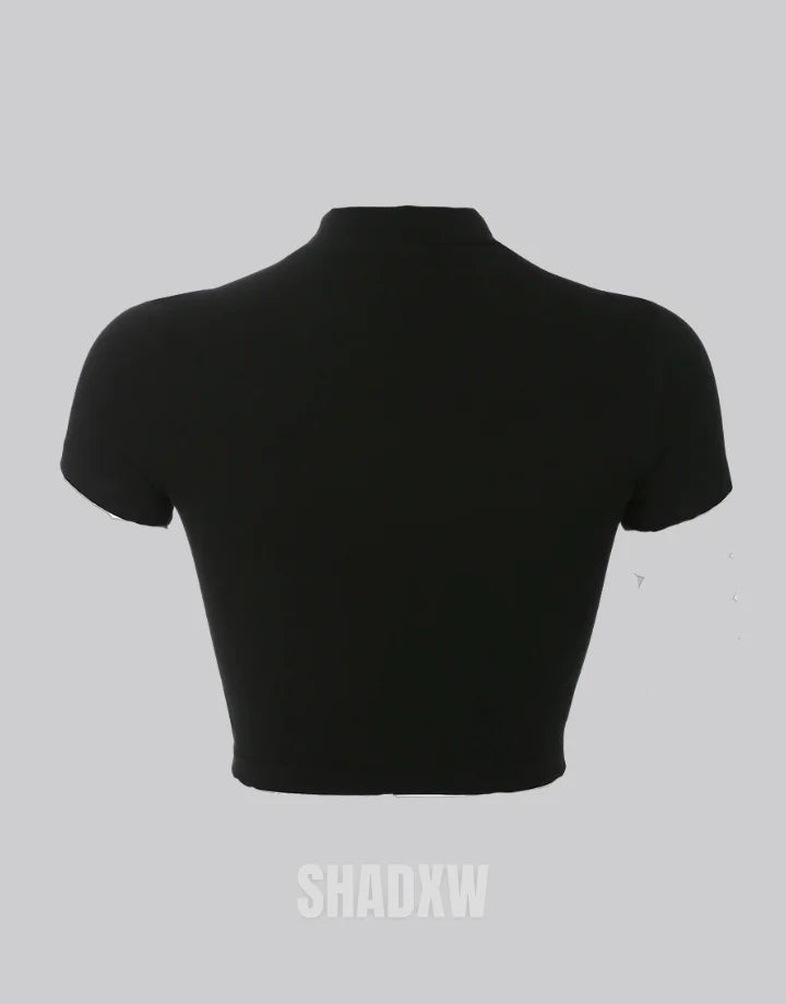 Dark graphic techwear t-shirt with an abstract futuristic print and relaxed urban streetwear silhouette, Clotechnow series 053 — view 4
