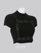 Dark graphic techwear t-shirt with an abstract futuristic print and relaxed urban streetwear silhouette, Clotechnow series 053 — view 3