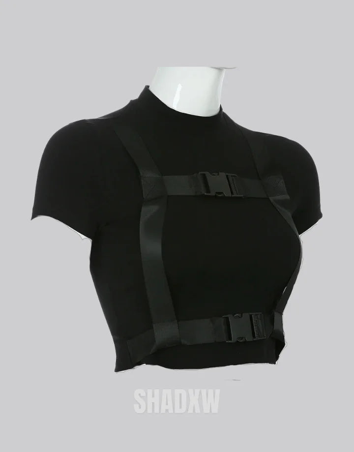 Dark graphic techwear t-shirt with an abstract futuristic print and relaxed urban streetwear silhouette, Clotechnow series 053 — view 3
