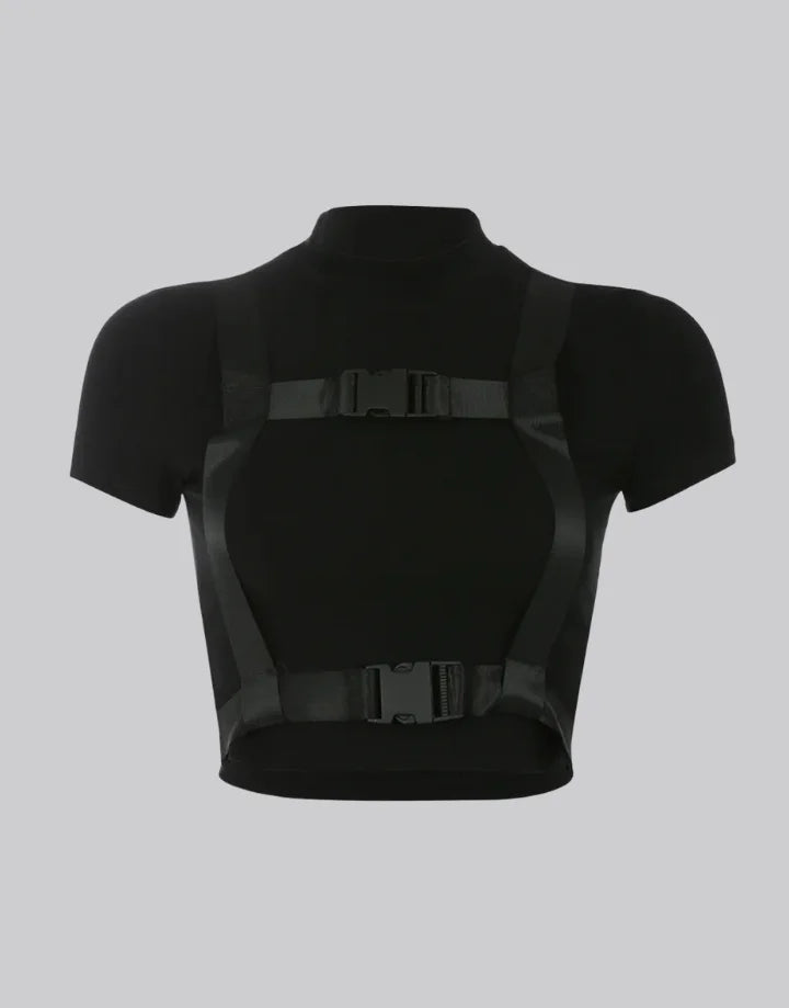 Dark graphic techwear t-shirt with an abstract futuristic print and relaxed urban streetwear silhouette, Clotechnow series 053 — view 1