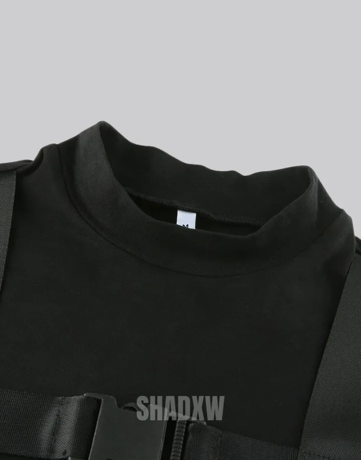 Dark graphic techwear t-shirt with an abstract futuristic print and relaxed urban streetwear silhouette, Clotechnow series 053 — view 11