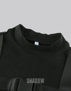 Dark graphic techwear t-shirt with an abstract futuristic print and relaxed urban streetwear silhouette, Clotechnow series 053 — view 11