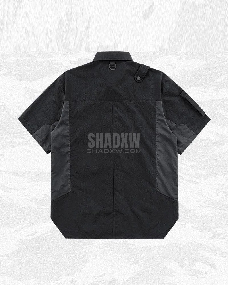 Dark graphic techwear t-shirt with an abstract futuristic print and relaxed urban streetwear silhouette, Clotechnow series 093 — view 4