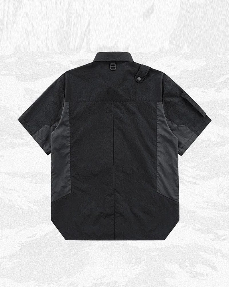 Dark graphic techwear t-shirt with an abstract futuristic print and relaxed urban streetwear silhouette, Clotechnow series 093 — view 4