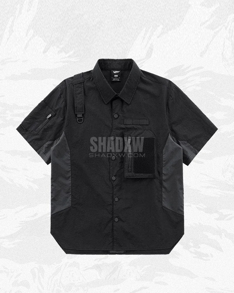 Dark graphic techwear t-shirt with an abstract futuristic print and relaxed urban streetwear silhouette, Clotechnow series 093 — view 3