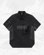 Dark graphic techwear t-shirt with an abstract futuristic print and relaxed urban streetwear silhouette, Clotechnow series 093 — view 3