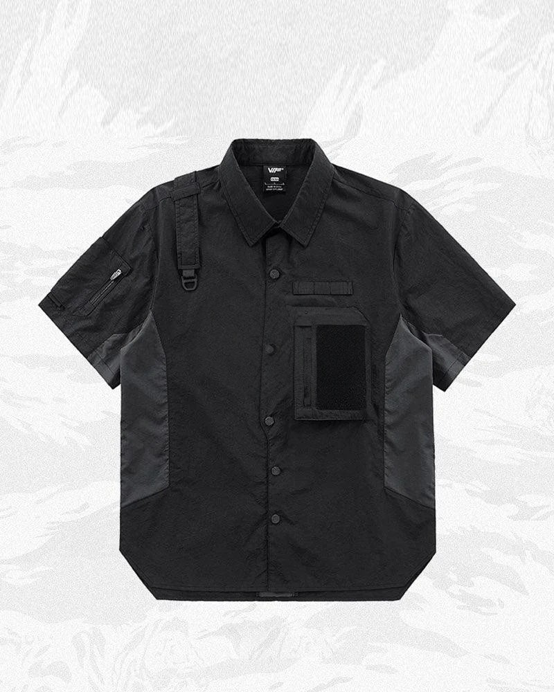 Dark graphic techwear t-shirt with an abstract futuristic print and relaxed urban streetwear silhouette, Clotechnow series 093 — view 3