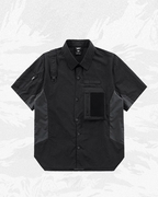 Dark graphic techwear t-shirt with an abstract futuristic print and relaxed urban streetwear silhouette, Clotechnow series 093 — view 3