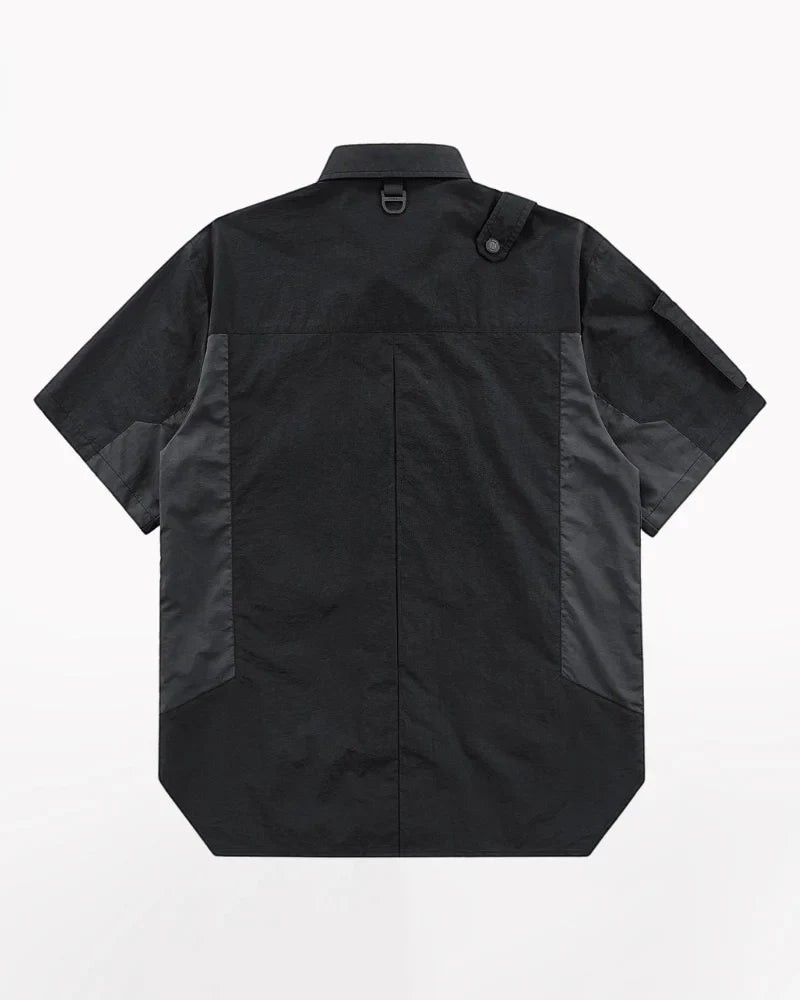 Dark graphic techwear t-shirt with an abstract futuristic print and relaxed urban streetwear silhouette, Clotechnow series 093 — view 2