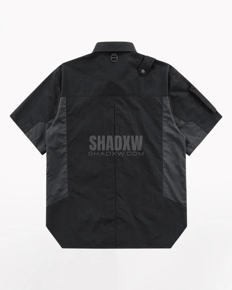 Dark graphic techwear t-shirt with an abstract futuristic print and relaxed urban streetwear silhouette, Clotechnow series 093 — view 2
