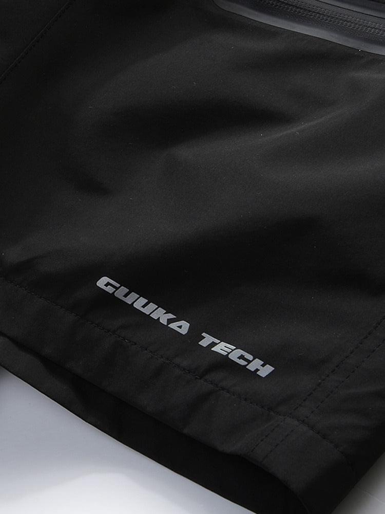 Black cargo shorts with belt loops and a drawstring closure for a customizable fit.