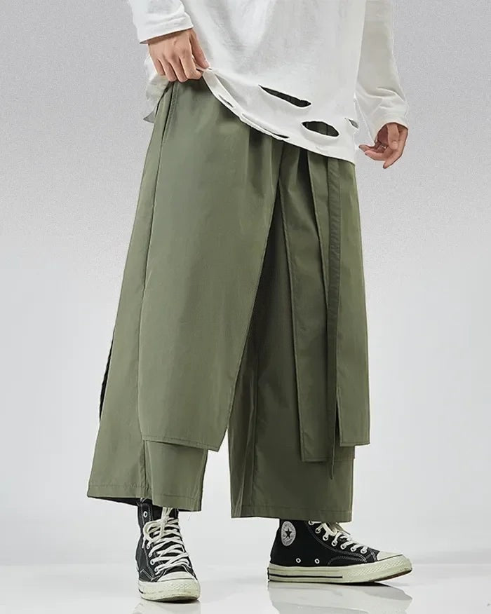 Clotechnow Cloud Volume Hakama Pants in army green with a wide-leg draped silhouette and layered fabric design