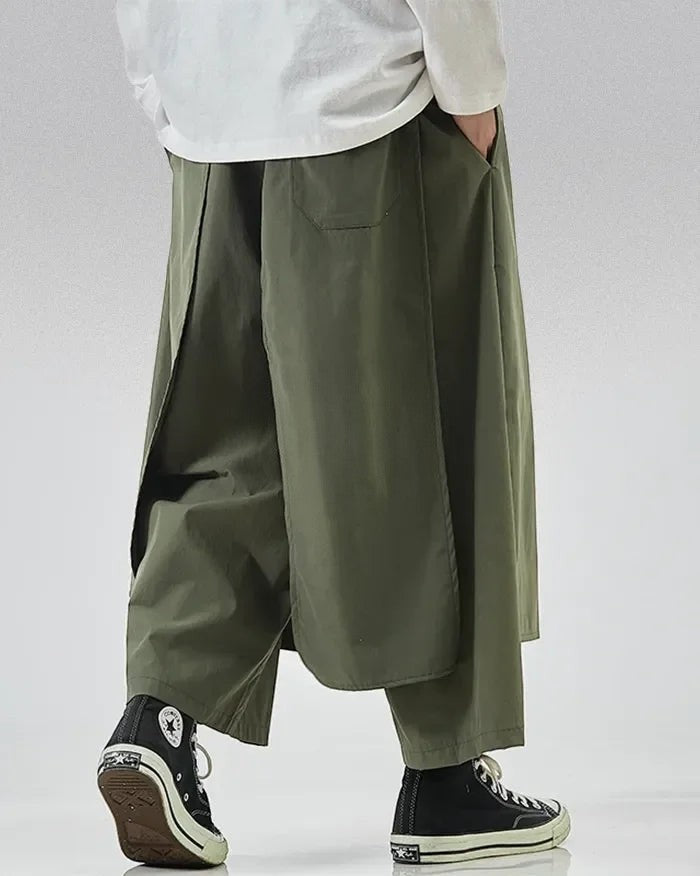 Clotechnow Cloud Volume Hakama Pants in army green with a wide-leg draped silhouette and layered panel design.
