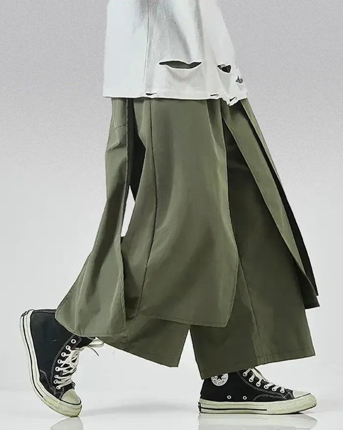 Clotechnow army green wide-leg hakama pants with draped layered panels and a modern streetwear silhouette