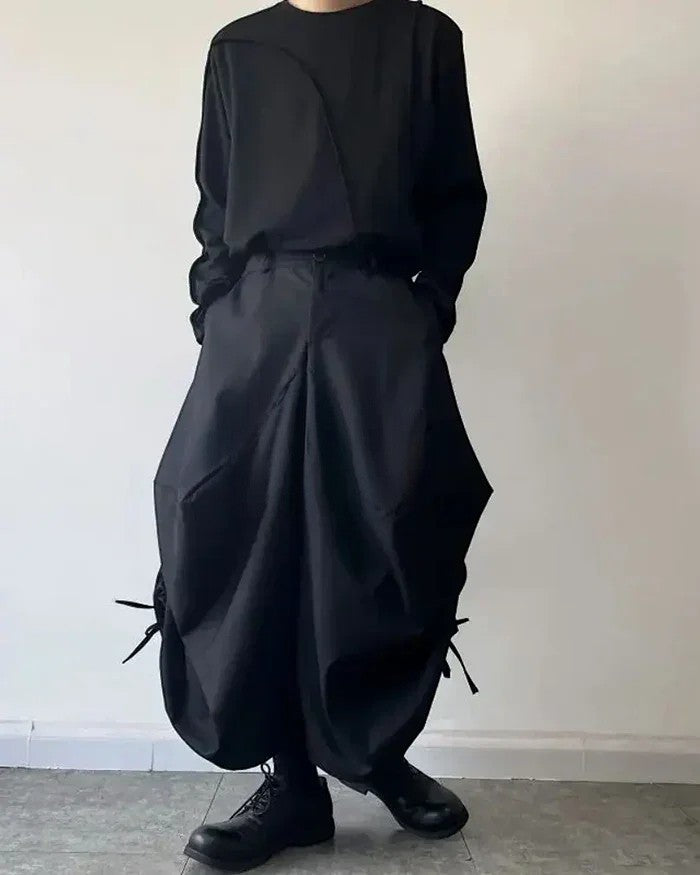 Clotechnow Overscale Baggy Hakama Pants in black with a wide-leg draped silhouette and adjustable side ties