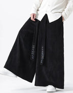 Clotechnow black corduroy Harajuku volume hakama pants with wide-leg silhouette and embroidered tie detail