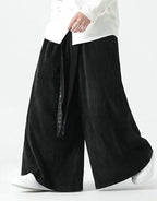 Clotechnow black corduroy Harajuku volume hakama pants with wide-leg silhouette and draped fabric detail