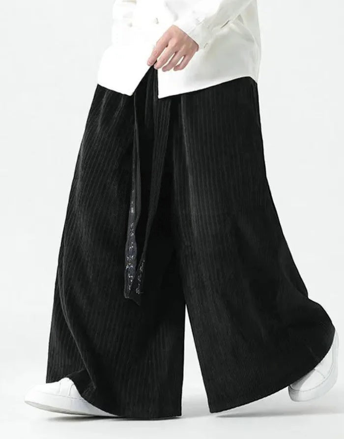 Clotechnow black corduroy Harajuku volume hakama pants with wide-leg silhouette and draped fabric detail