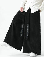 Clotechnow black corduroy Harajuku hakama pants with wide-leg silhouette and embroidered belt detail
