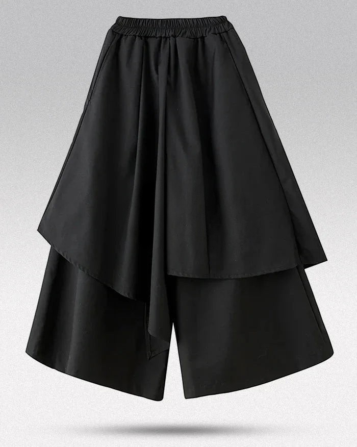 Clotechnow formal black drape hakama pants with a wide-leg flowing silhouette and an elasticated waistband.