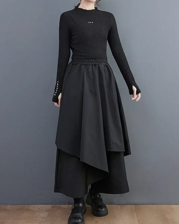 Clotechnow black formal drape hakama pants with a wide-leg layered silhouette and elastic waistband