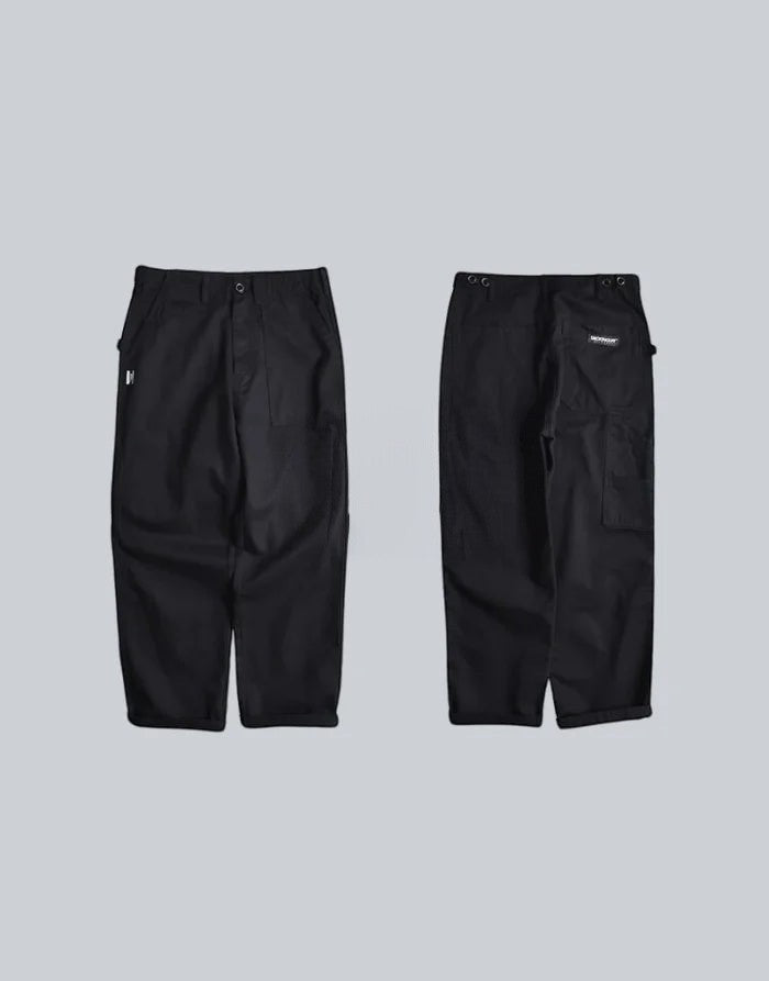 Clotechnow black multi-utility hakama pants shown from front and back views with a wide-leg streetwear silhouette.