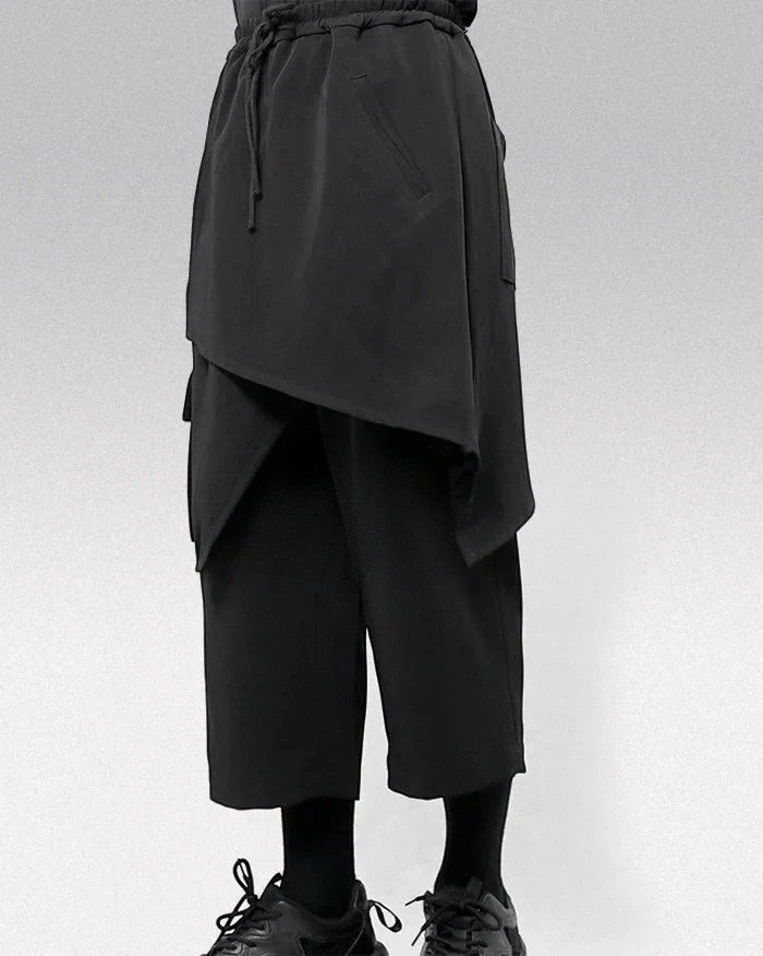 Clotechnow Street Form black hakama pants featuring a wide-leg draped silhouette and an elastic drawstring waist.