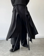 Clotechnow black modular skirted hakama pants featuring a layered hybrid silhouette and wide-leg trouser construction.