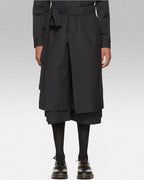 Clotechnow contemporary black short hakama pants with a wide-leg draped silhouette and layered fabric design
