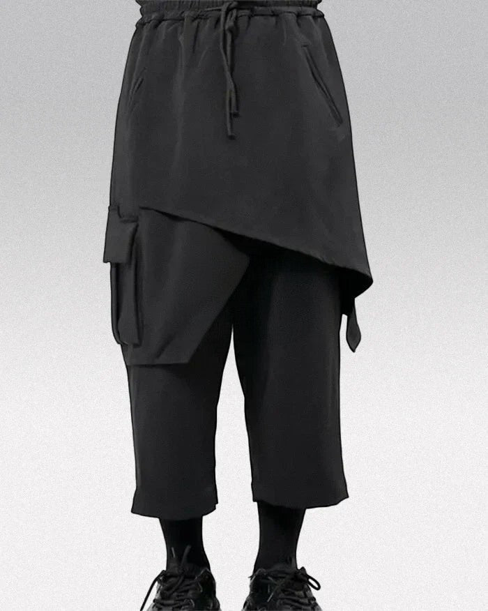 Clotechnow black Street Form Hakama pants featuring a wide-leg draped silhouette and side cargo pocket detail.