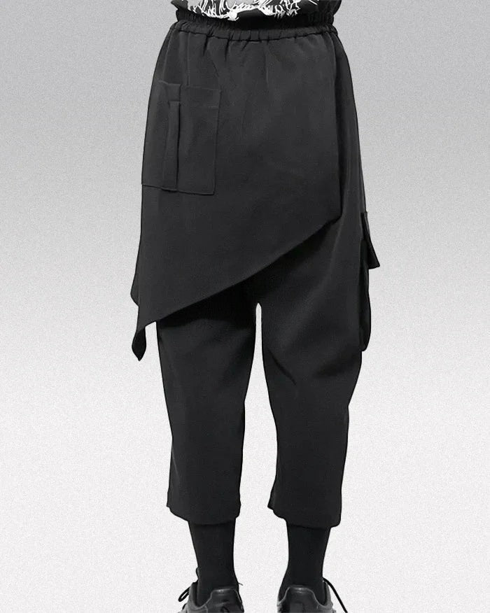 Clotechnow black Street Form Hakama pants featuring a wide-leg draped silhouette and utility pockets