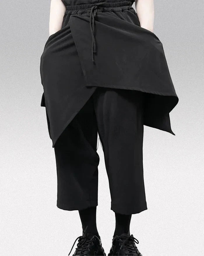 Clotechnow black Street Form Hakama pants featuring a wide-leg draped silhouette and an elastic drawstring waist.