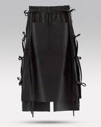 Clotechnow black wide-leg hakama pants with side ribbon ties and a tapered cuff design for a modern streetwear look.