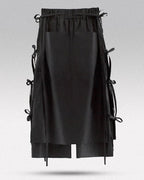 Clotechnow black taper cuff hakama pants featuring a wide-leg silhouette with side ribbon tie details.