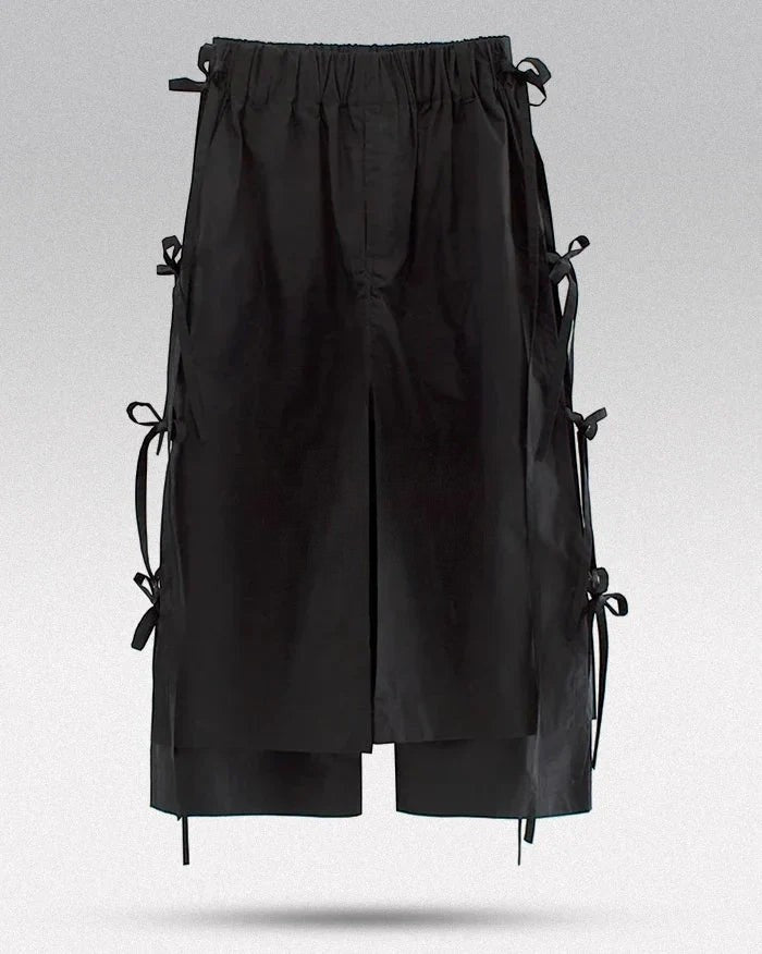 Clotechnow black taper cuff hakama pants with side tie details and a wide-leg draped silhouette