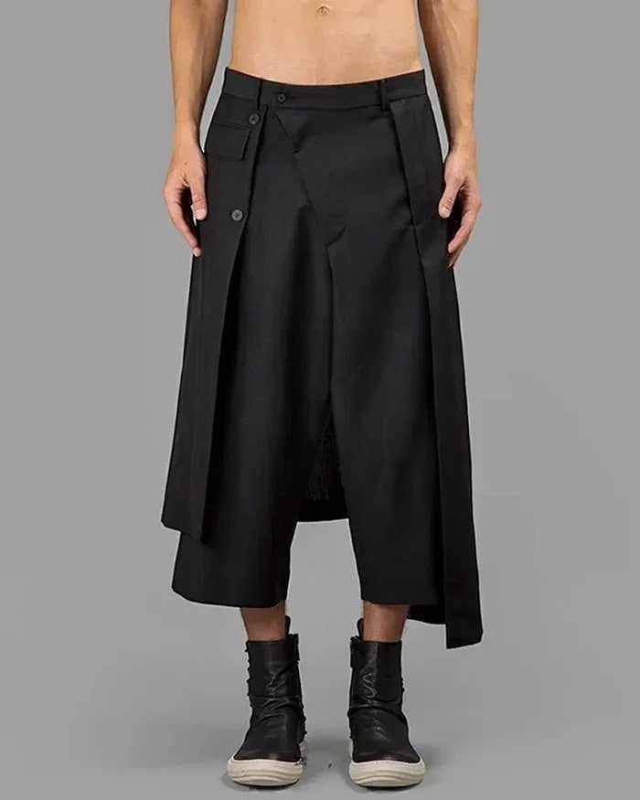 Clotechnow black wide-leg Night Utility Hakama pants with a draped layered design and button closure detail.
