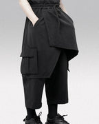 Clotechnow black wide-leg hakama pants with layered draped panels and side cargo pockets for a modern streetwear look