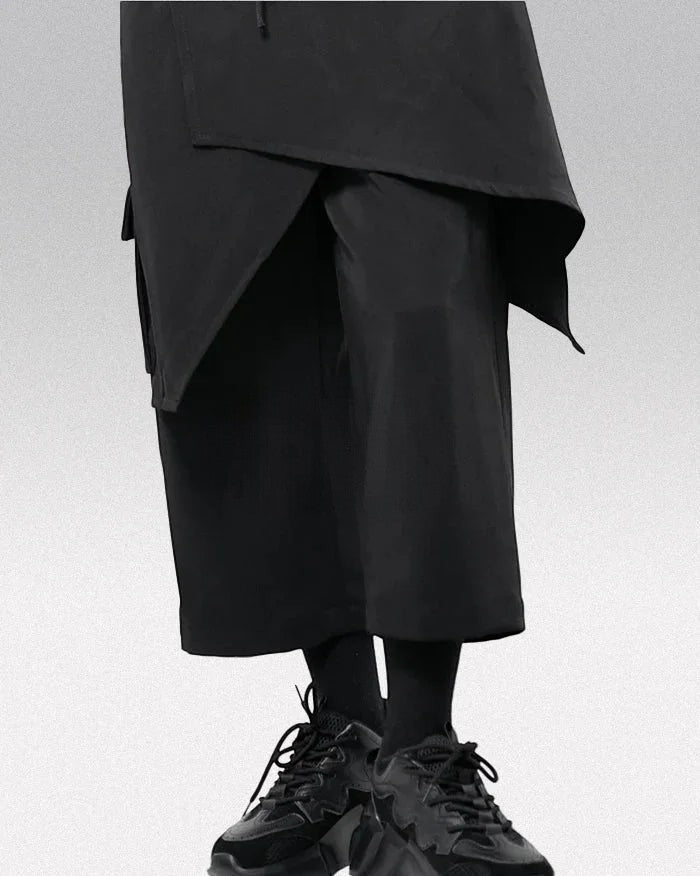 Clotechnow Street Form black wide-leg hakama pants with draped layered fabric and techwear aesthetic