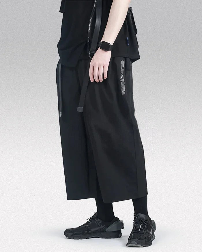 Clotechnow Ninja Motion black wide-leg hakama pants with techwear detailing and side text print