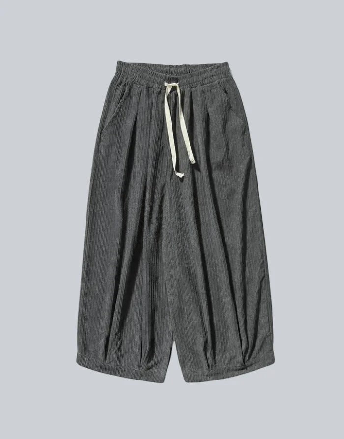 Clotechnow dark grey cord texture wide-leg hakama pants with an elastic drawstring waist and draped silhouette.