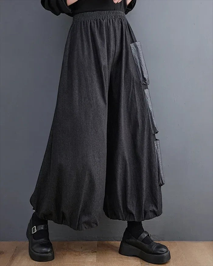 Clotechnow Modern Muse wide-leg hakama pants in charcoal grey with side cargo pockets and an elasticated waist