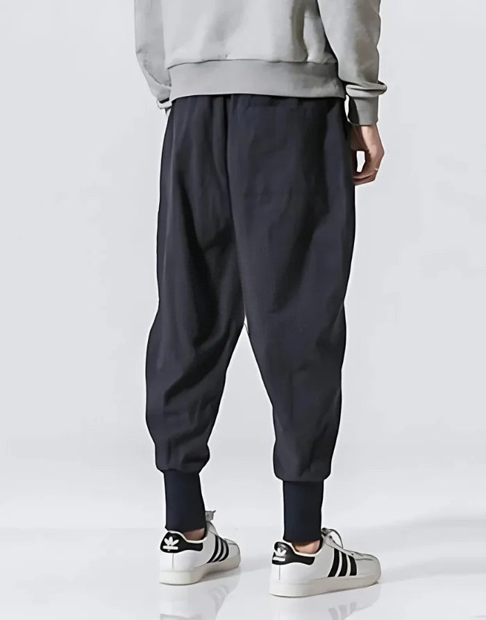Clotechnow Cobalt Flow Hakama pants in dark blue with a wide-leg draped silhouette and cuffed ankles, back view.