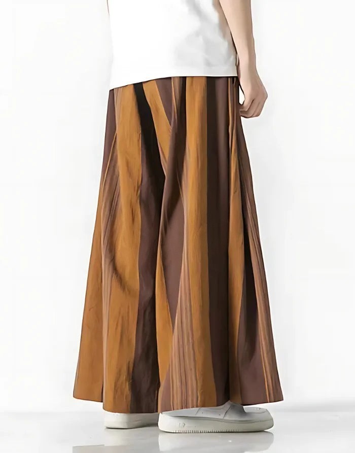 Clotechnow earth tone striped hakama pants with a wide-leg draped silhouette worn with a white top and sneakers
