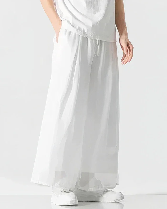 Clotechnow ivory flow hakama pants with a wide-leg draped silhouette and drawstring waist in a modern streetwear style