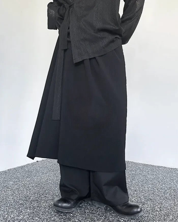 Clotechnow Kuro Frame black hakama pants with a wide-leg draped silhouette and wrap-around waist detail