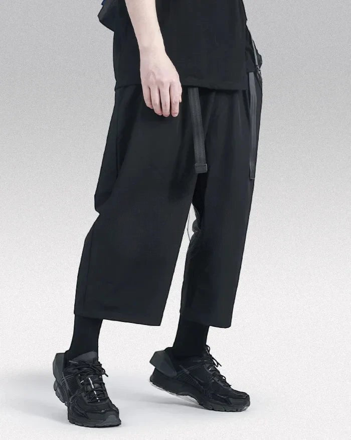 Clotechnow Ninja Motion Hakama pants in black with a wide-leg silhouette and integrated belt for a techwear look.