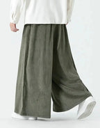 Clotechnow Harajuku volume hakama pants in olive green corduroy with a wide-leg draped silhouette