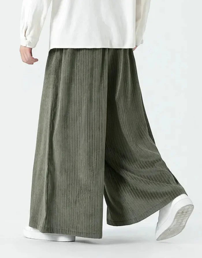 Clotechnow Harajuku volume hakama pants in olive green corduroy with a wide-leg draped silhouette