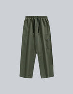 Clotechnow olive green wide-leg hakama pants with an elastic drawstring waist and side pockets.